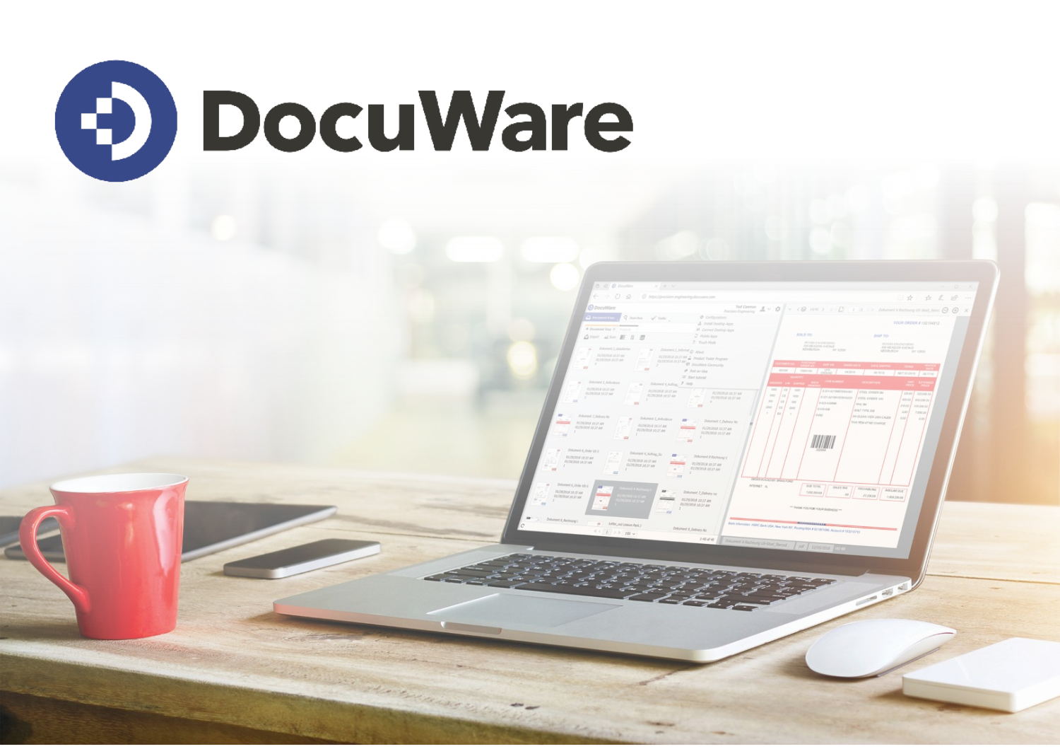 DocuWare's platform being displayed on a laptop screen sitting on a wooden desk.
